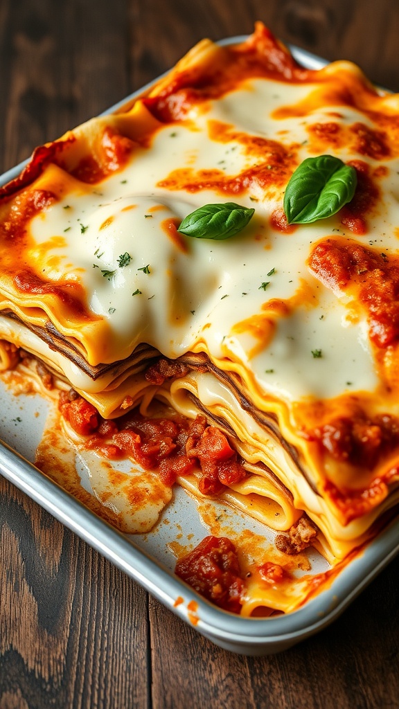 A golden baked lasagna bolognese with bechamel sauce, garnished with basil leaves, on a wooden table.